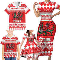 Personalized Wales Christmas Dragon Family Matching Short Sleeve Bodycon Dress and Hawaiian Shirt Nadolig Llawen Red Version - Wonder Print Shop
