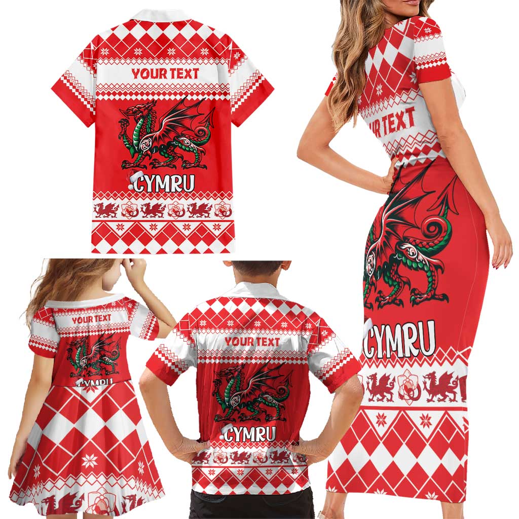 Personalized Wales Christmas Dragon Family Matching Short Sleeve Bodycon Dress and Hawaiian Shirt Nadolig Llawen Red Version - Wonder Print Shop