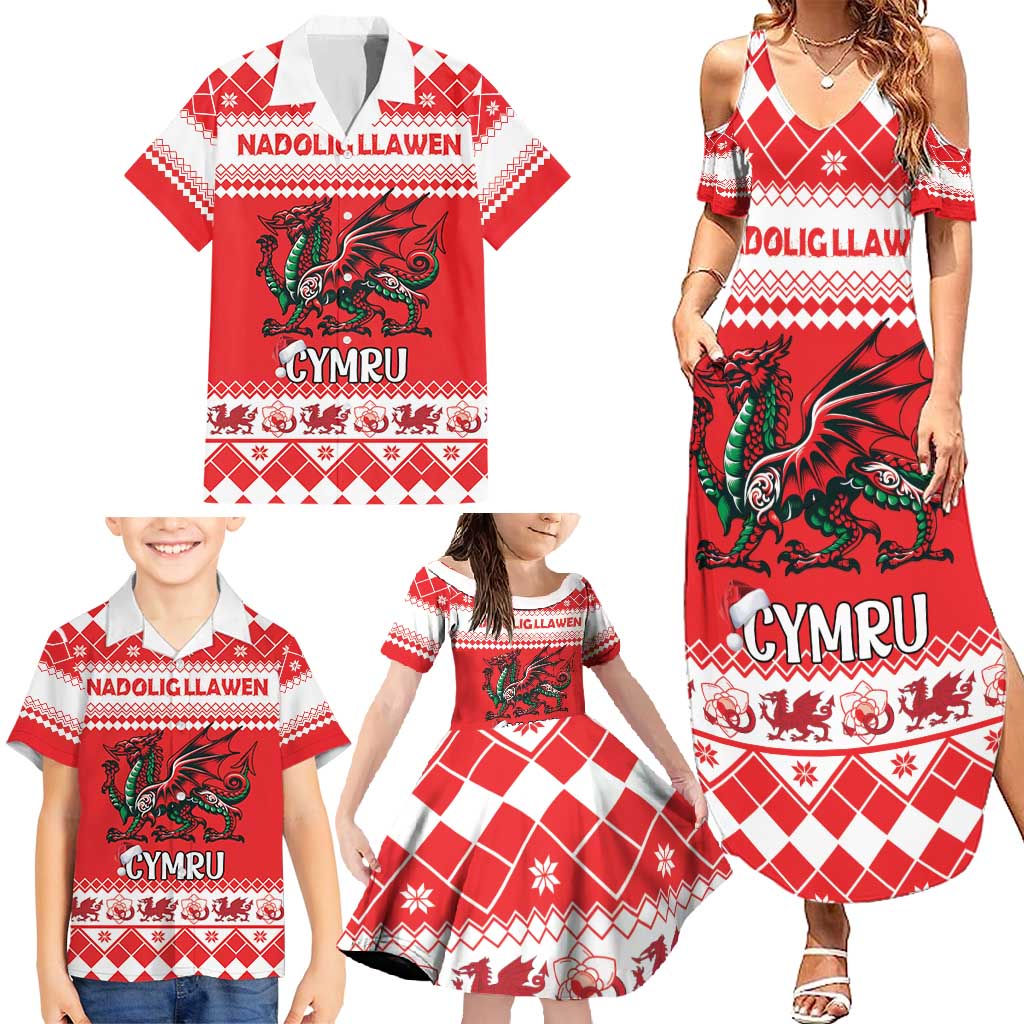 Personalized Wales Christmas Dragon Family Matching Summer Maxi Dress and Hawaiian Shirt Nadolig Llawen Red Version - Wonder Print Shop