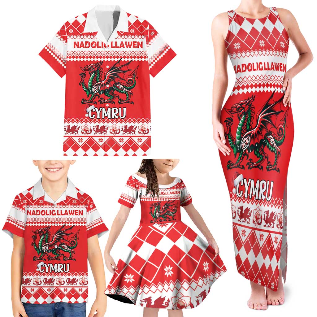 Personalized Wales Christmas Dragon Family Matching Tank Maxi Dress and Hawaiian Shirt Nadolig Llawen Red Version - Wonder Print Shop