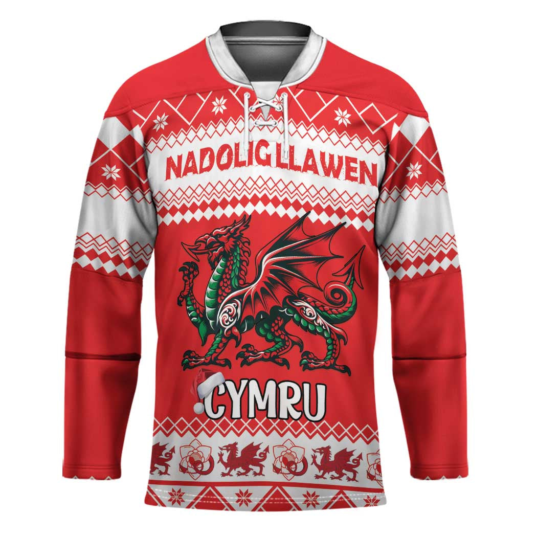 Personalized Wales Christmas Dragon Hockey Jersey Nadolig Llawen Red Version - Wonder Print Shop