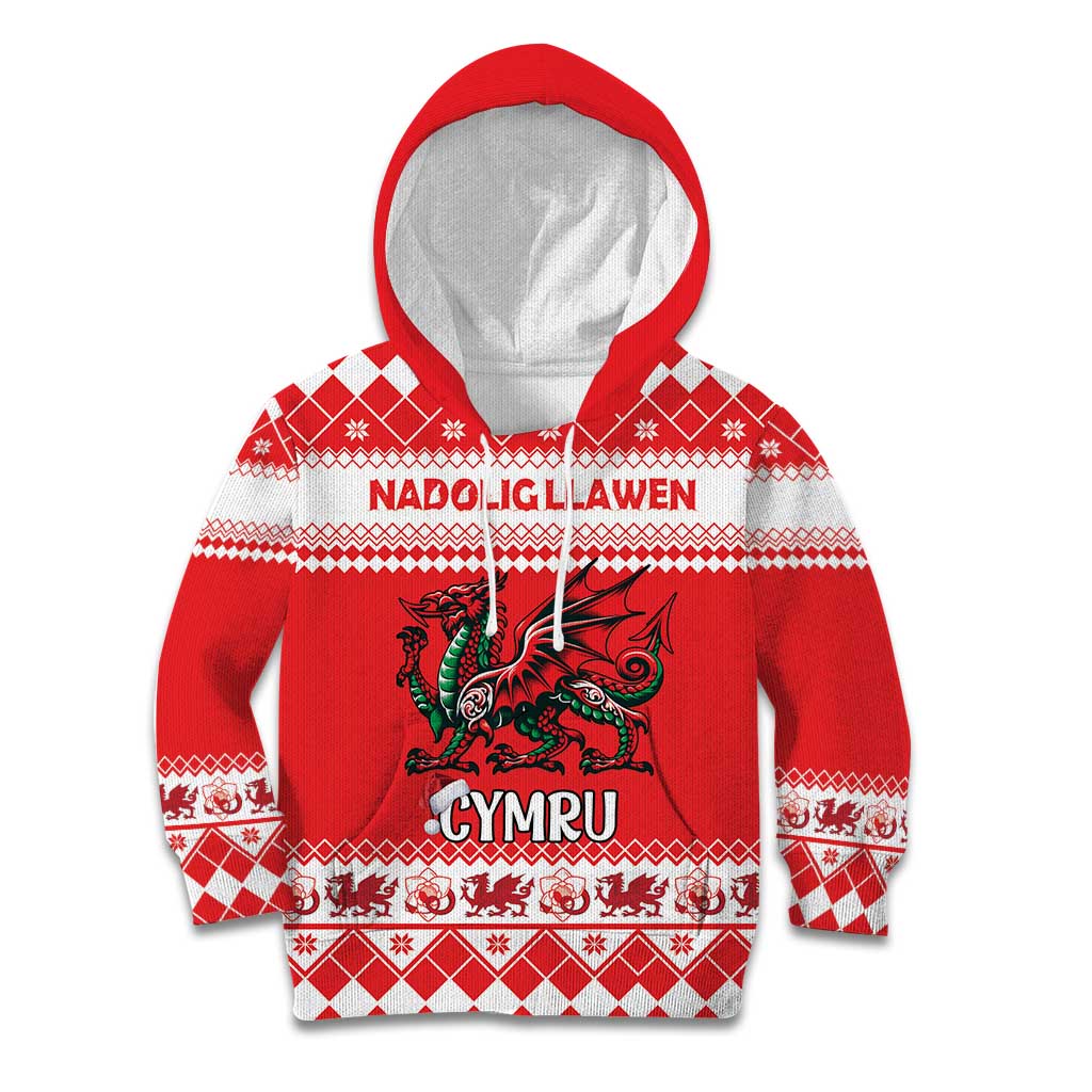 Personalized Wales Christmas Dragon Kid Hoodie Nadolig Llawen Red Version - Wonder Print Shop