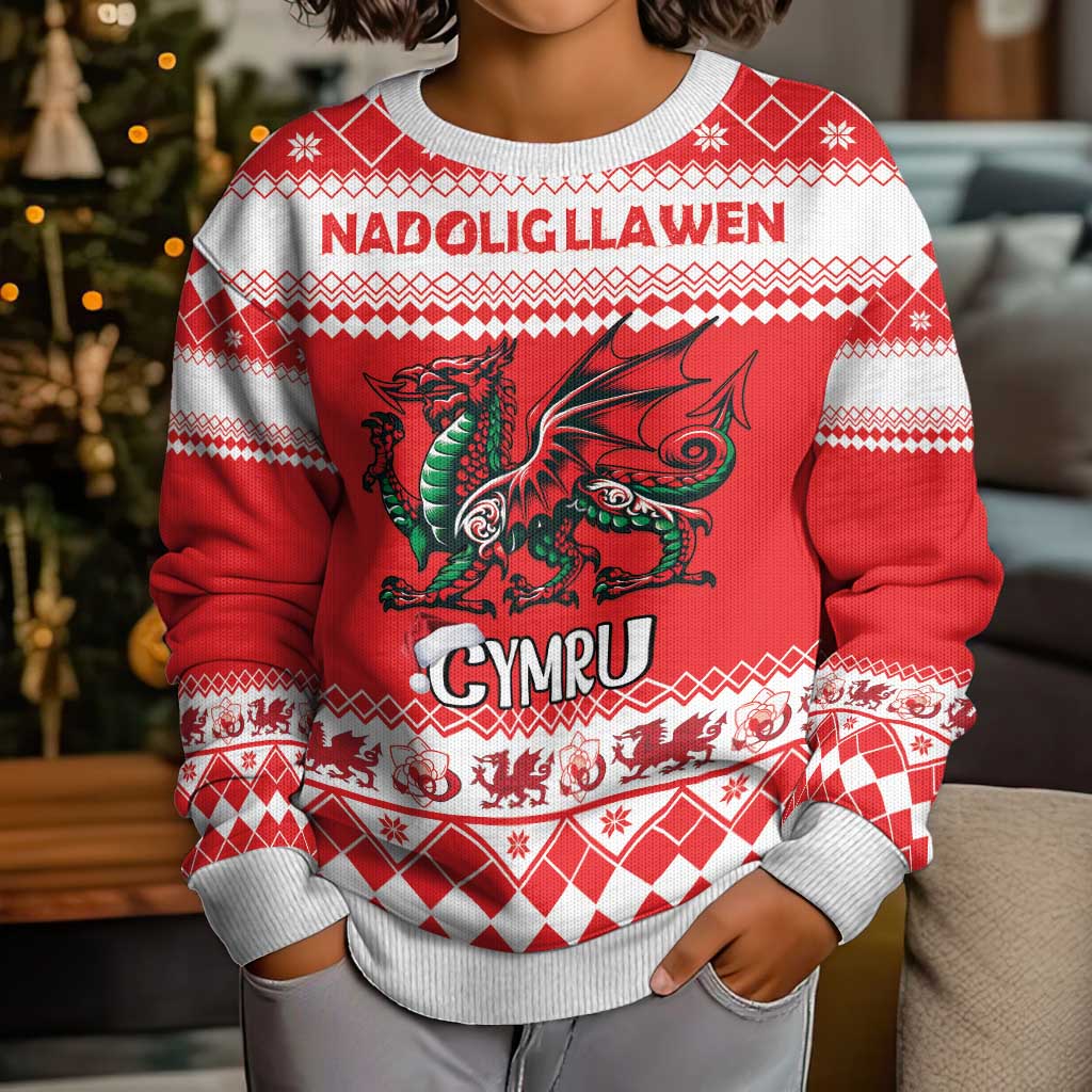 Personalized Wales Christmas Dragon Kid Ugly Christmas Sweater Nadolig Llawen Red Version - Wonder Print Shop