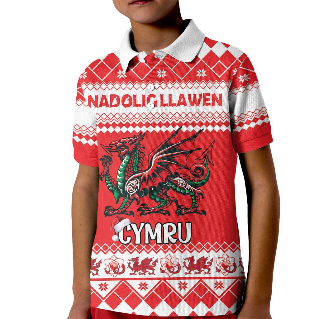 Personalized Wales Christmas Dragon Kid Polo Shirt Nadolig Llawen Red Version - Wonder Print Shop
