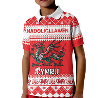 Personalized Wales Christmas Dragon Kid Polo Shirt Nadolig Llawen Red Version - Wonder Print Shop