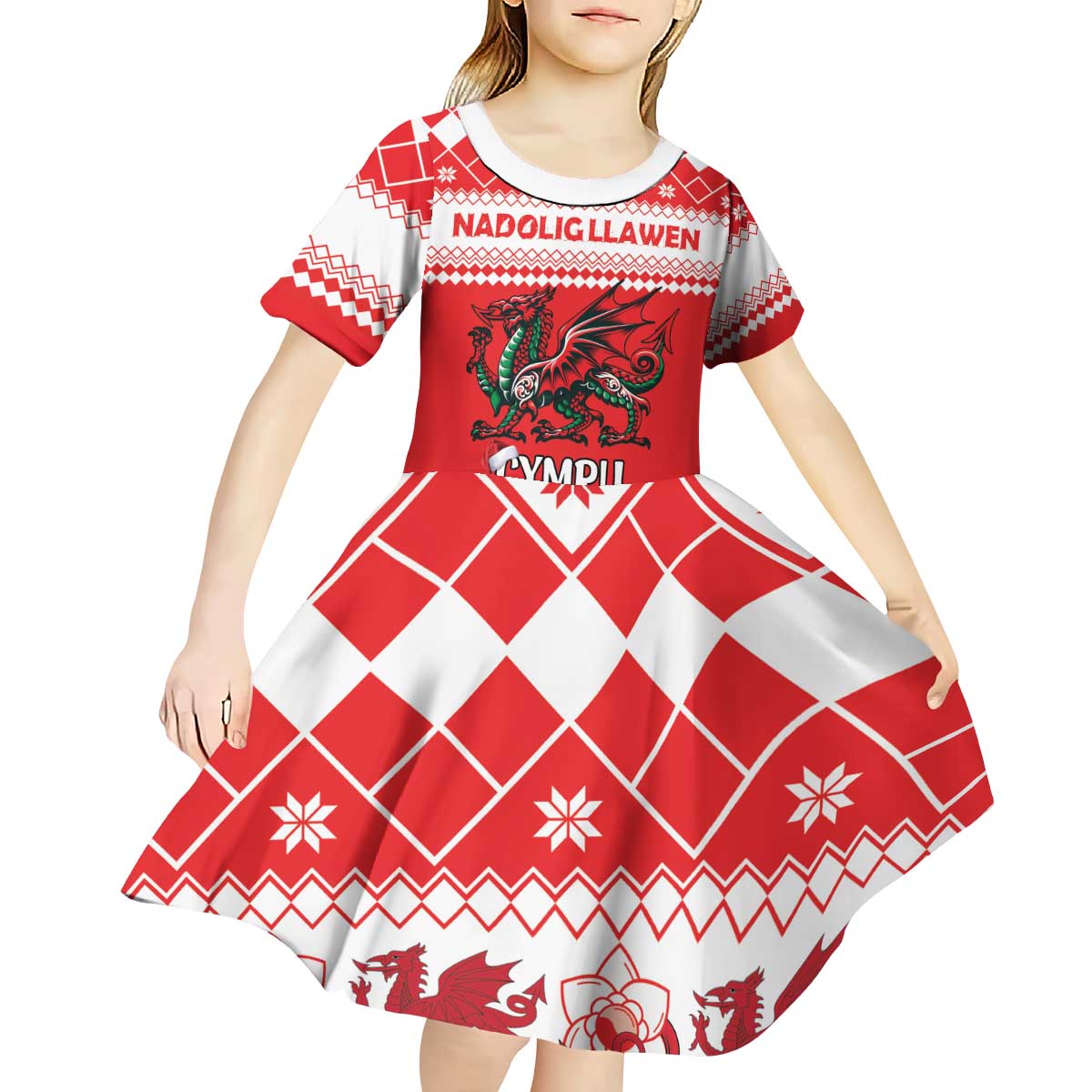 Personalized Wales Christmas Dragon Kid Short Sleeve Dress Nadolig Llawen Red Version - Wonder Print Shop
