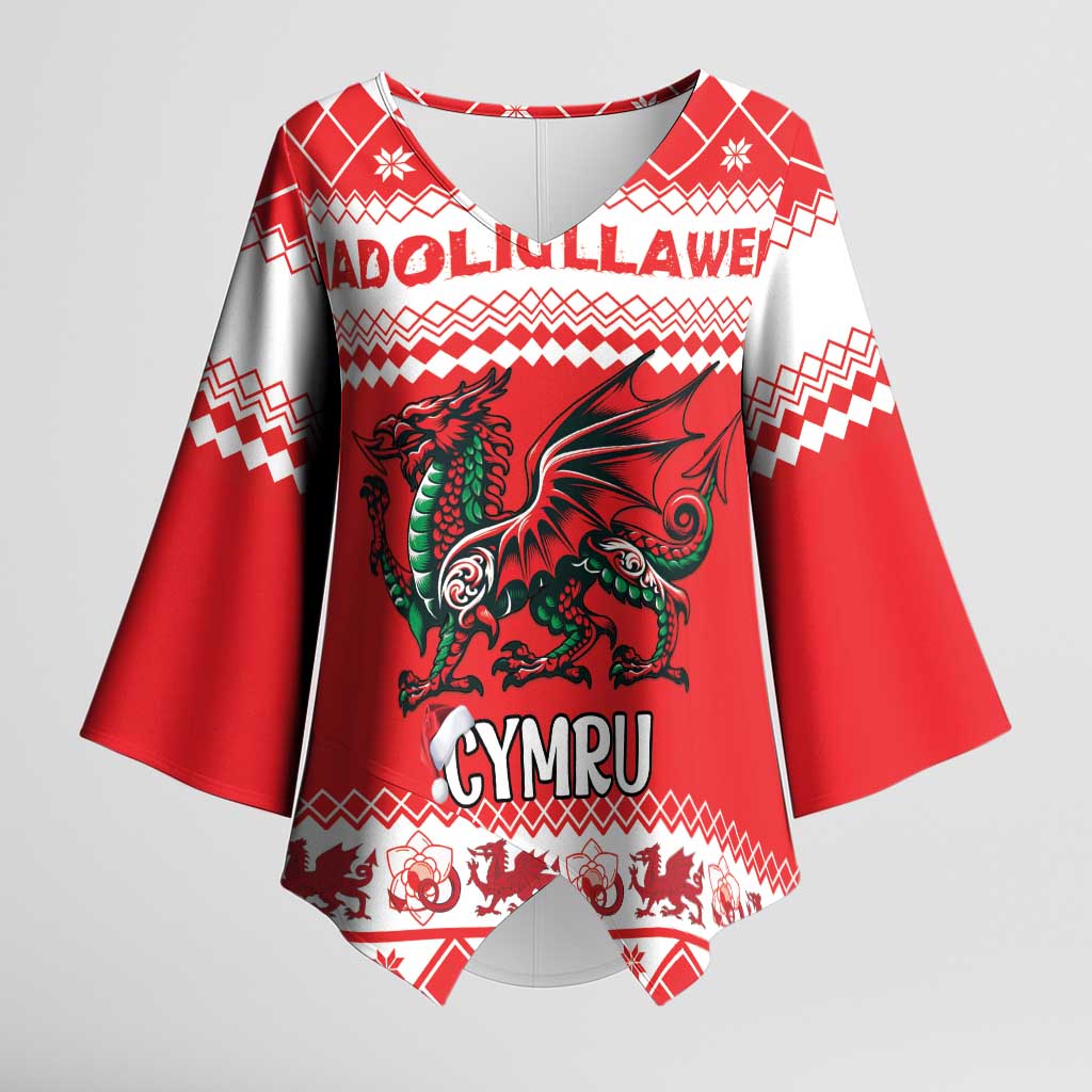 Personalized Wales Christmas Dragon Kimono Sleeve Blouse Nadolig Llawen Red Version - Wonder Print Shop