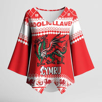 Personalized Wales Christmas Dragon Kimono Sleeve Blouse Nadolig Llawen Red Version - Wonder Print Shop