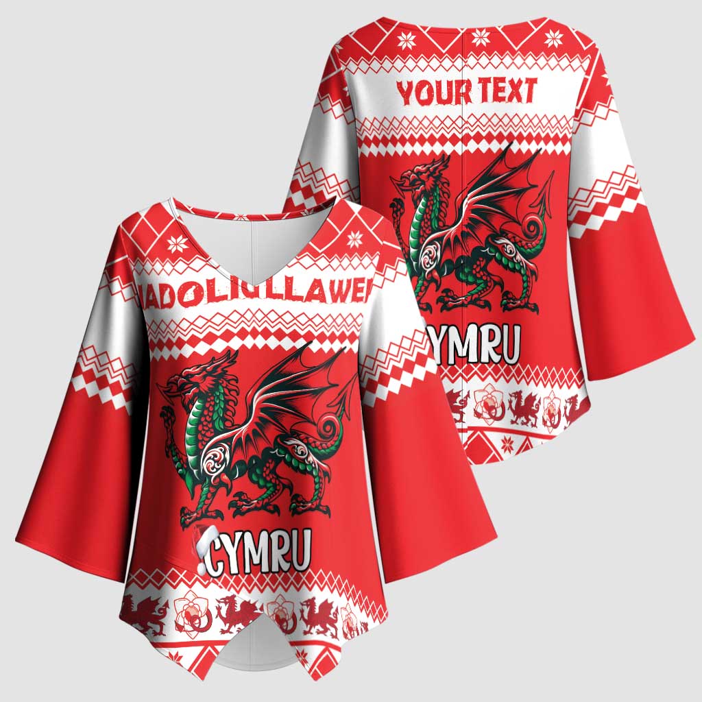 Personalized Wales Christmas Dragon Kimono Sleeve Blouse Nadolig Llawen Red Version - Wonder Print Shop