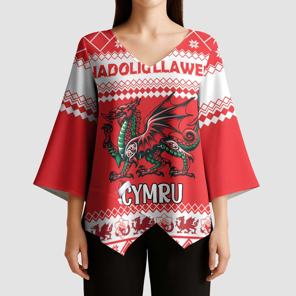 Personalized Wales Christmas Dragon Kimono Sleeve Blouse Nadolig Llawen Red Version - Wonder Print Shop