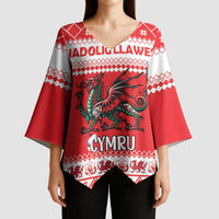 Personalized Wales Christmas Dragon Kimono Sleeve Blouse Nadolig Llawen Red Version - Wonder Print Shop