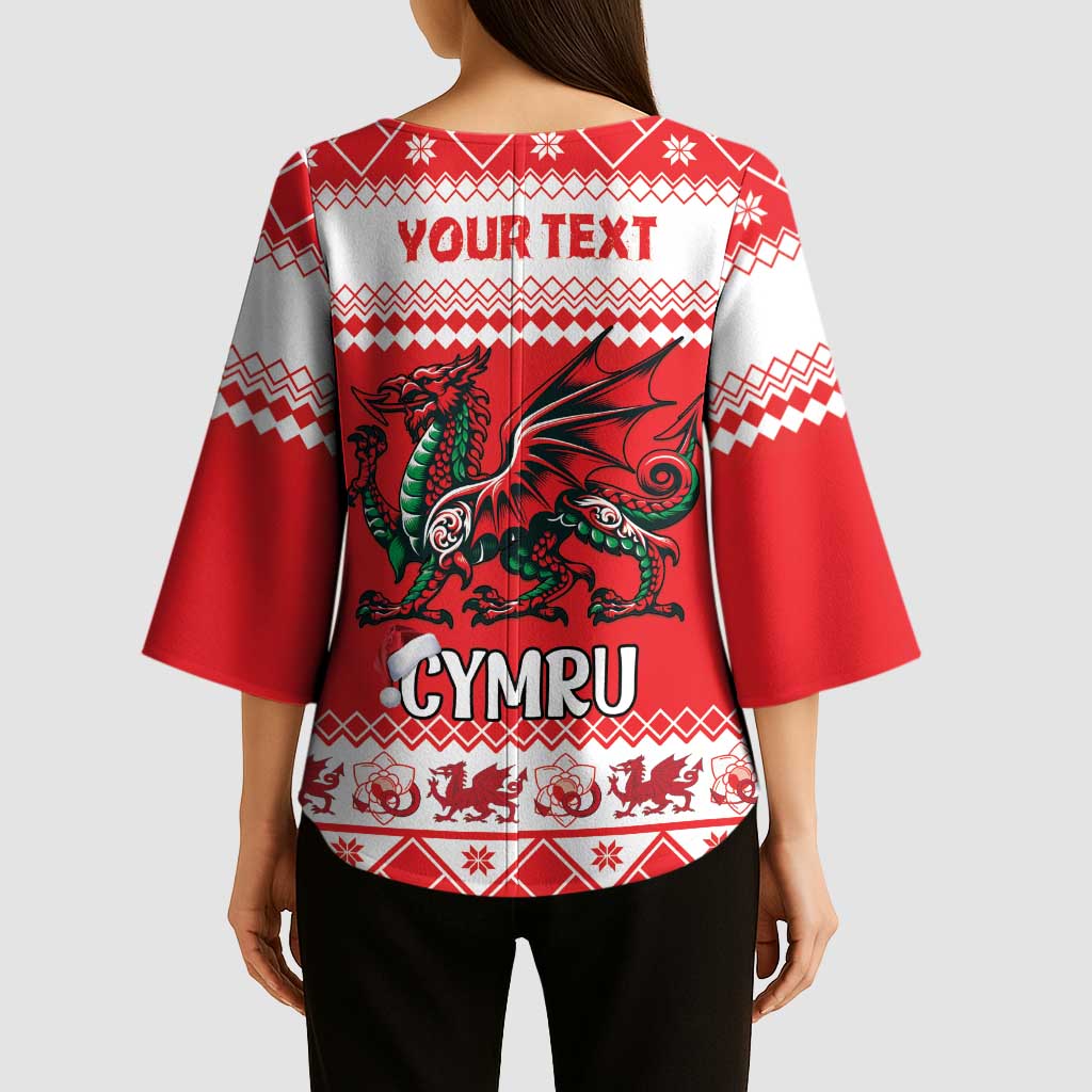 Personalized Wales Christmas Dragon Kimono Sleeve Blouse Nadolig Llawen Red Version - Wonder Print Shop