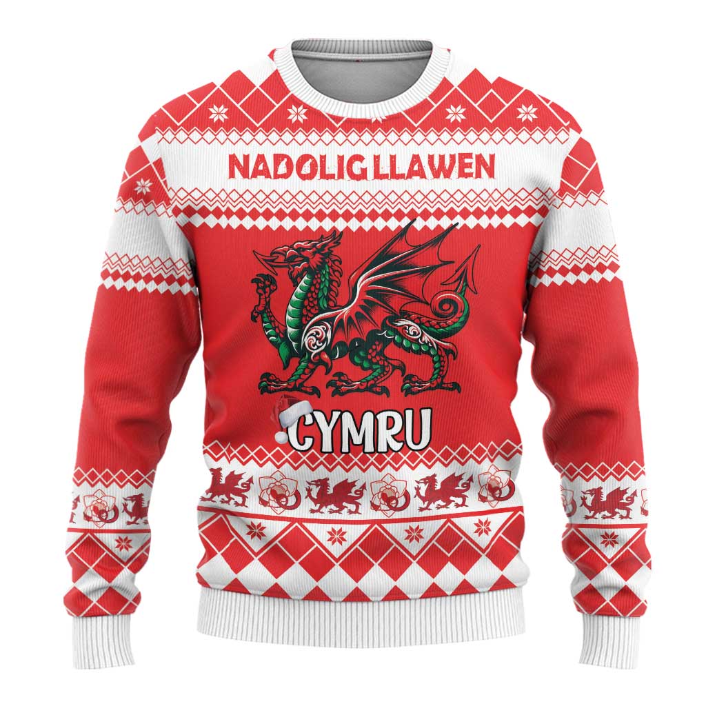 Personalized Wales Christmas Dragon Ugly Christmas Sweater Nadolig Llawen Red Version - Wonder Print Shop