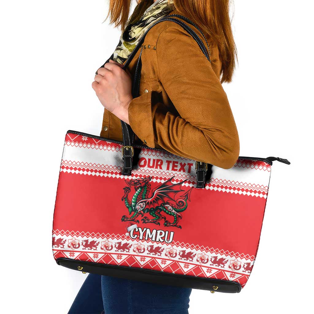 Personalized Wales Christmas Dragon Leather Tote Bag Nadolig Llawen Red Version - Wonder Print Shop