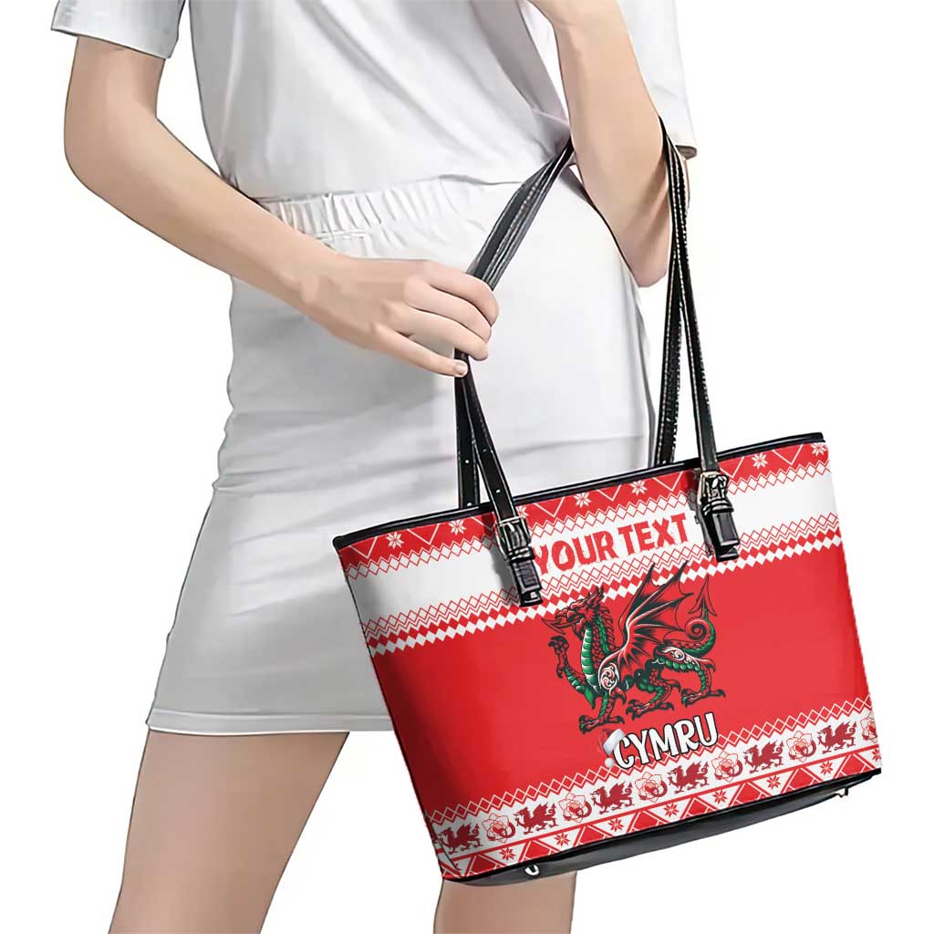 Personalized Wales Christmas Dragon Leather Tote Bag Nadolig Llawen Red Version - Wonder Print Shop