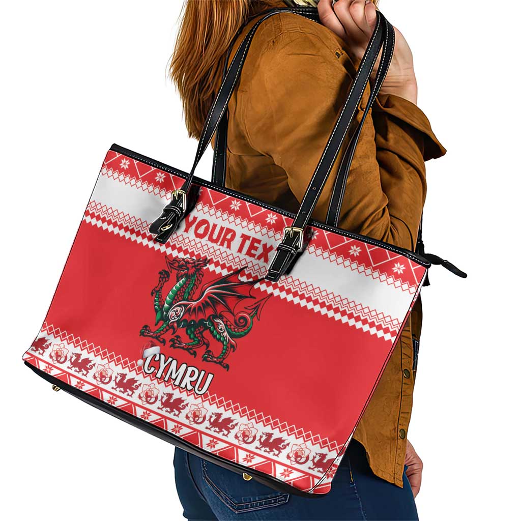Personalized Wales Christmas Dragon Leather Tote Bag Nadolig Llawen Red Version - Wonder Print Shop