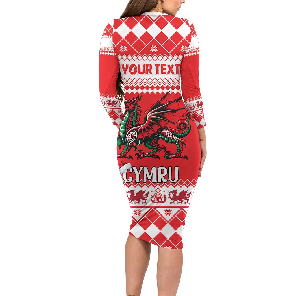 Personalized Wales Christmas Dragon Long Sleeve Bodycon Dress Nadolig Llawen Red Version - Wonder Print Shop