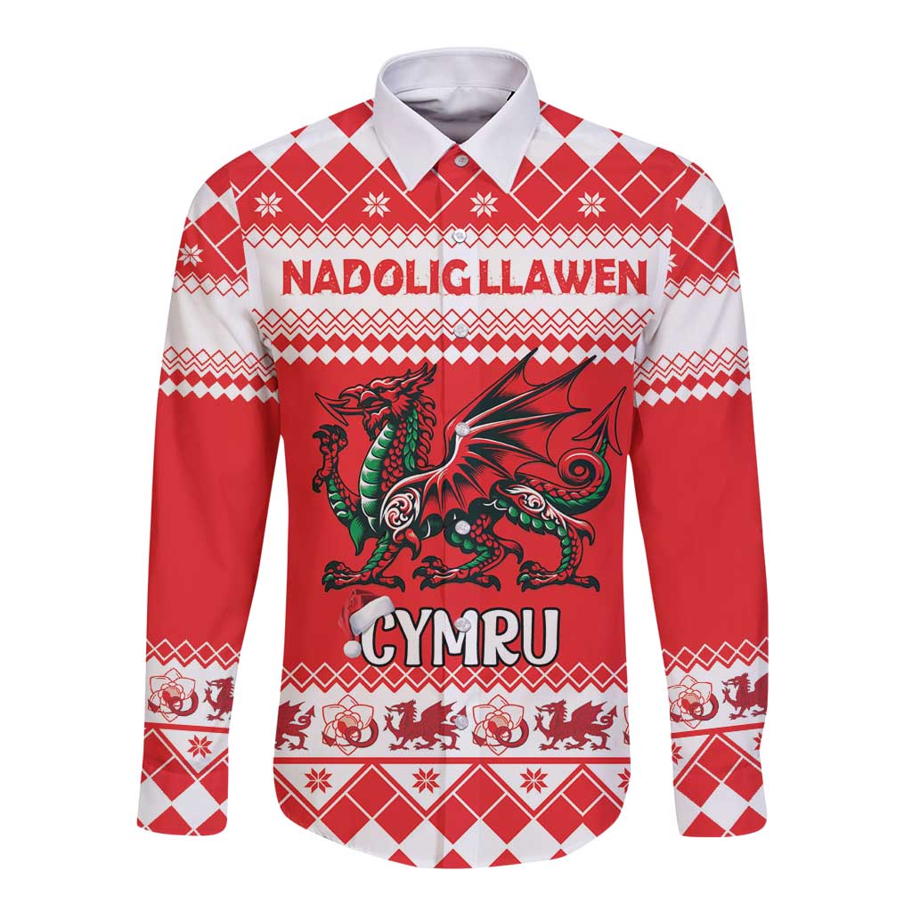 Personalized Wales Christmas Dragon Long Sleeve Button Shirt Nadolig Llawen Red Version - Wonder Print Shop
