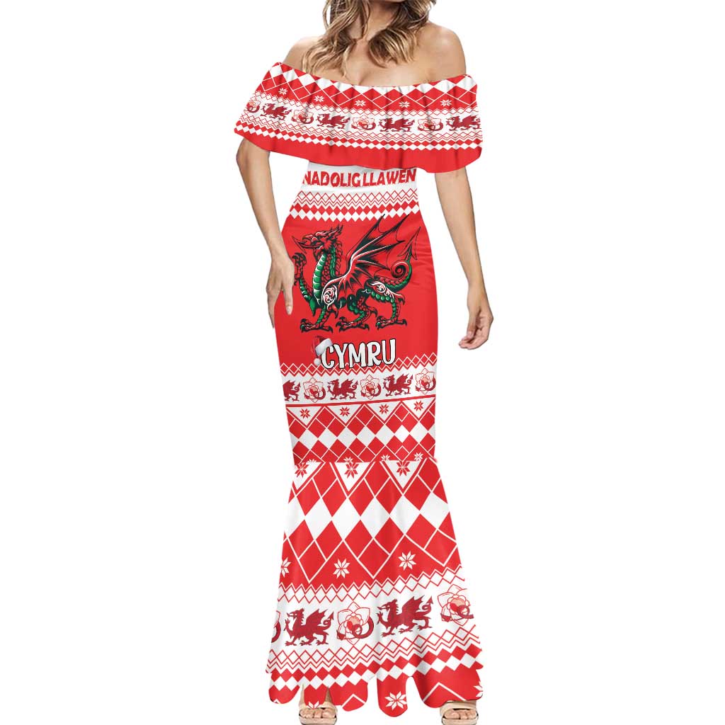 Personalized Wales Christmas Dragon Mermaid Dress Nadolig Llawen Red Version - Wonder Print Shop