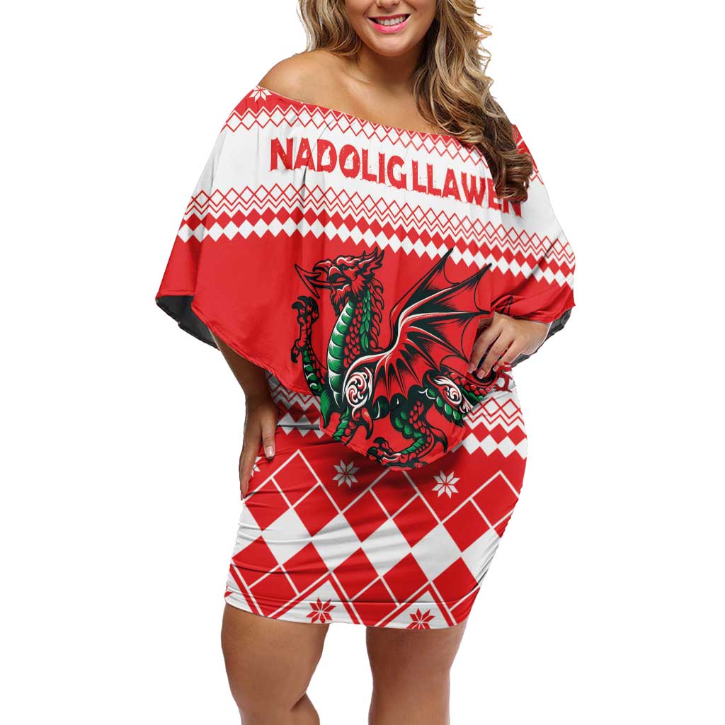 Personalized Wales Christmas Dragon Off Shoulder Short Dress Nadolig Llawen Red Version - Wonder Print Shop