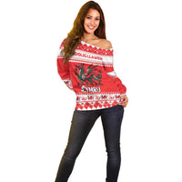 Personalized Wales Christmas Dragon Off Shoulder Sweater Nadolig Llawen Red Version - Wonder Print Shop