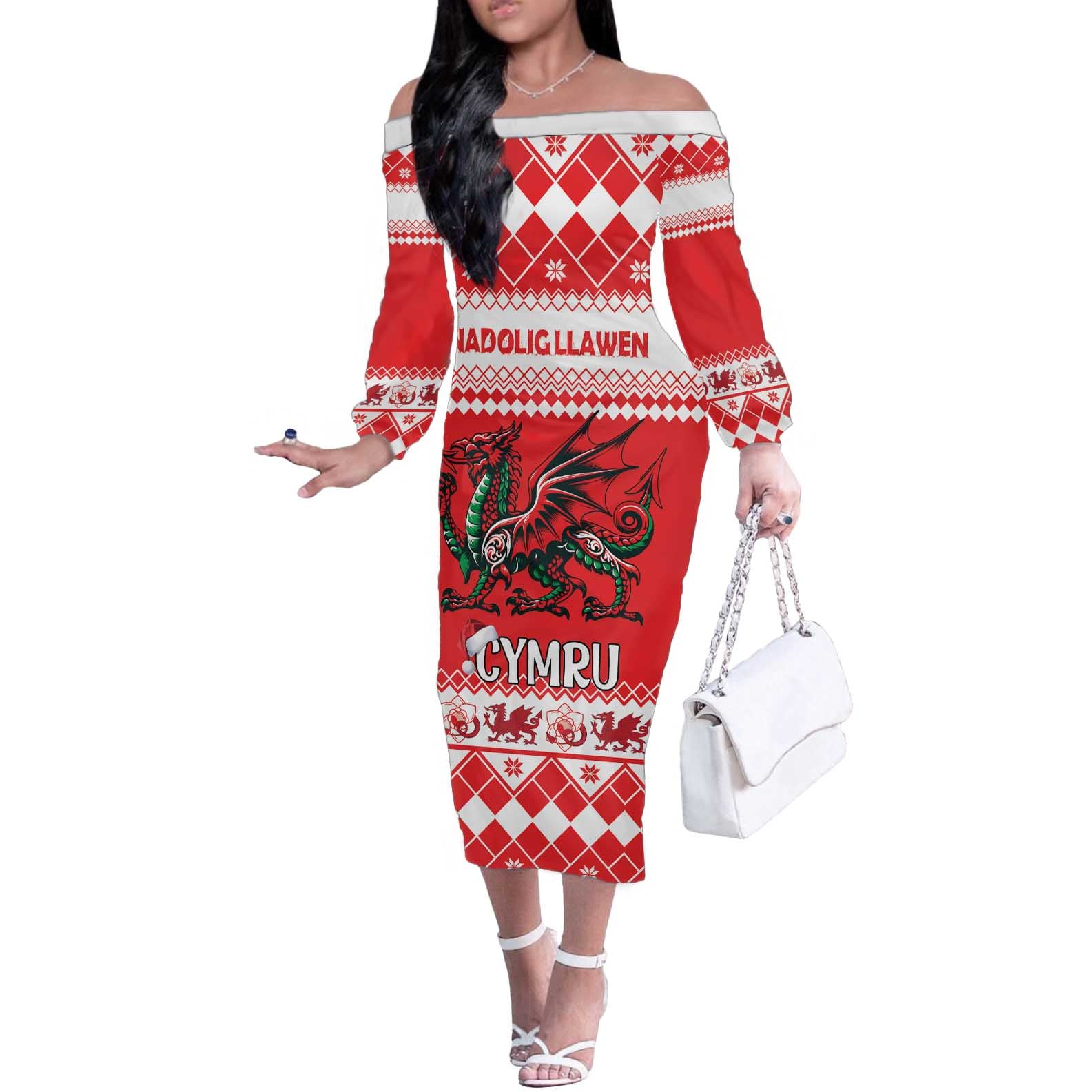 Personalized Wales Christmas Dragon Off The Shoulder Long Sleeve Dress Nadolig Llawen Red Version - Wonder Print Shop