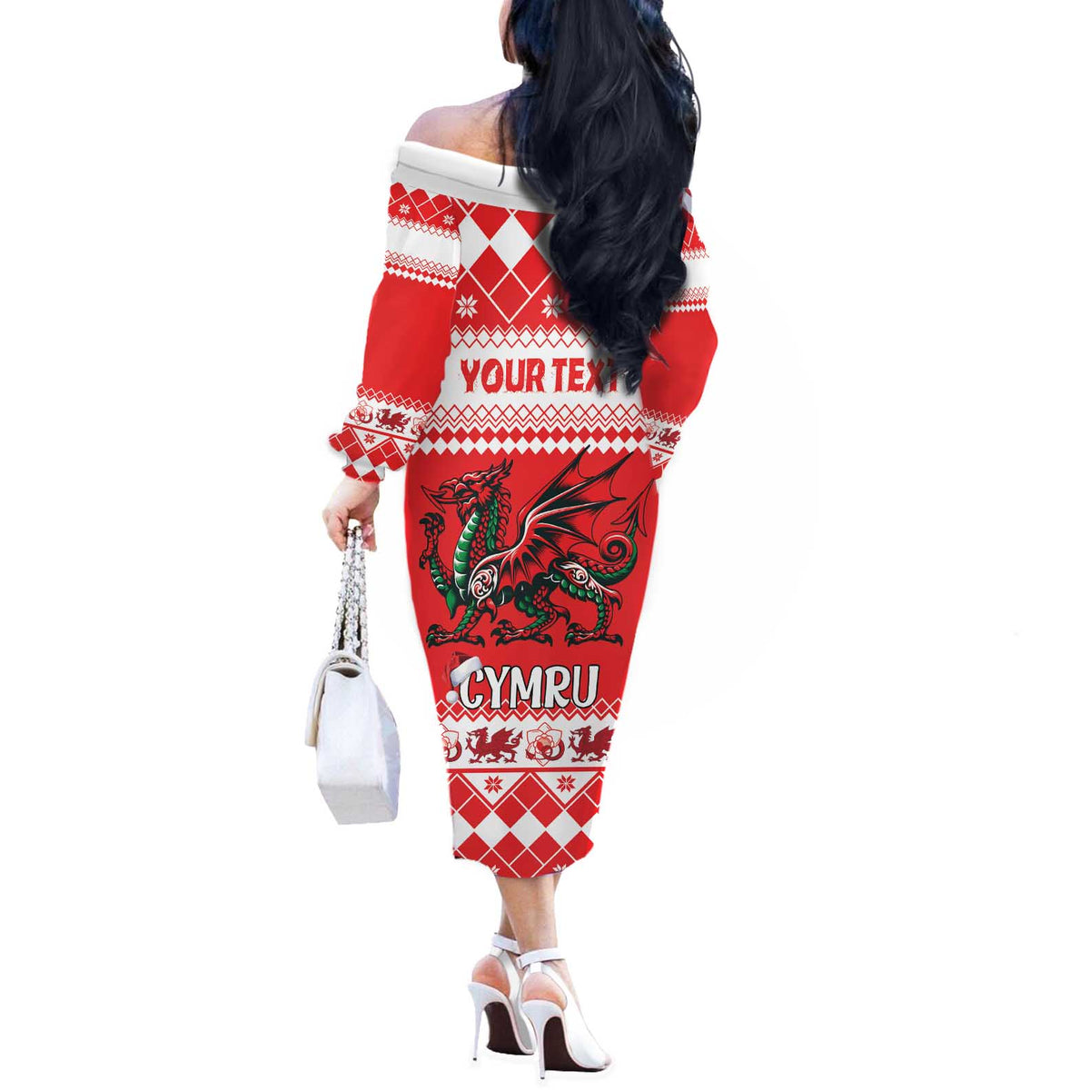 Personalized Wales Christmas Dragon Off The Shoulder Long Sleeve Dress Nadolig Llawen Red Version - Wonder Print Shop