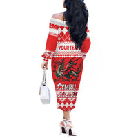 Personalized Wales Christmas Dragon Off The Shoulder Long Sleeve Dress Nadolig Llawen Red Version - Wonder Print Shop