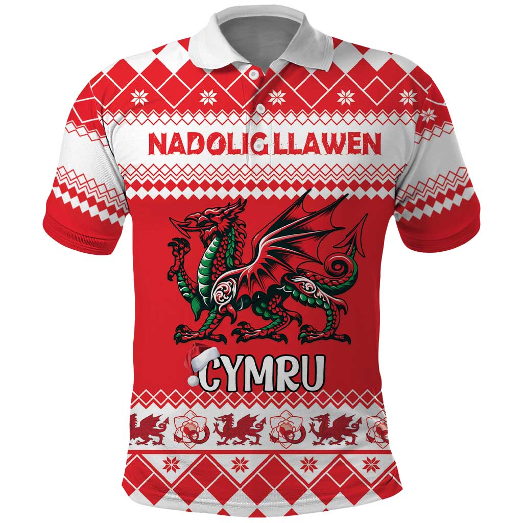 Personalized Wales Christmas Dragon Polo Shirt Nadolig Llawen Red Version - Wonder Print Shop