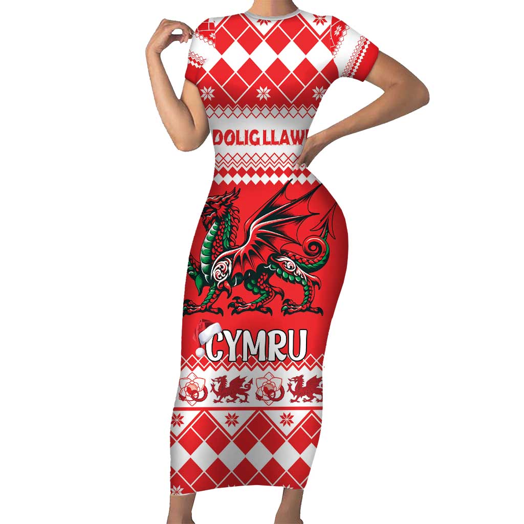 Personalized Wales Christmas Dragon Short Sleeve Bodycon Dress Nadolig Llawen Red Version - Wonder Print Shop