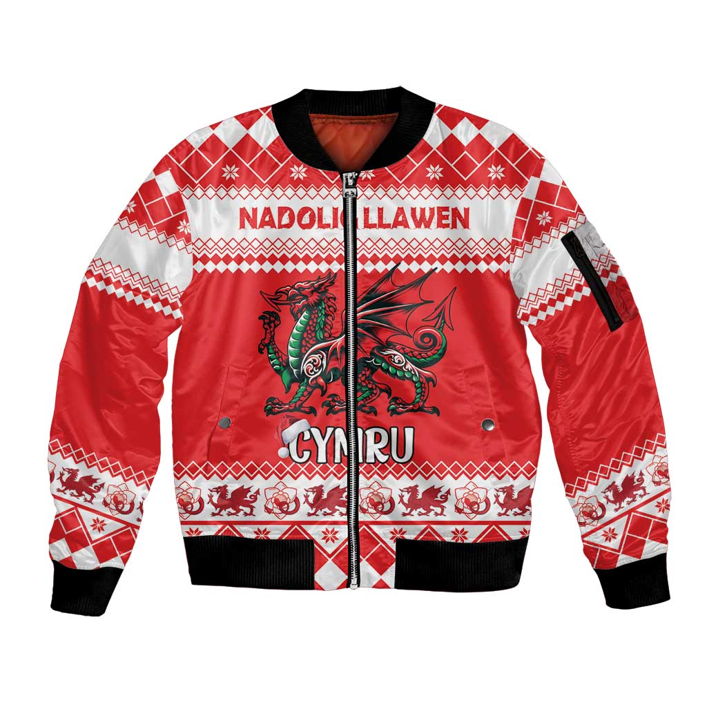 Personalized Wales Christmas Dragon Sleeve Zip Bomber Jacket Nadolig Llawen Red Version - Wonder Print Shop