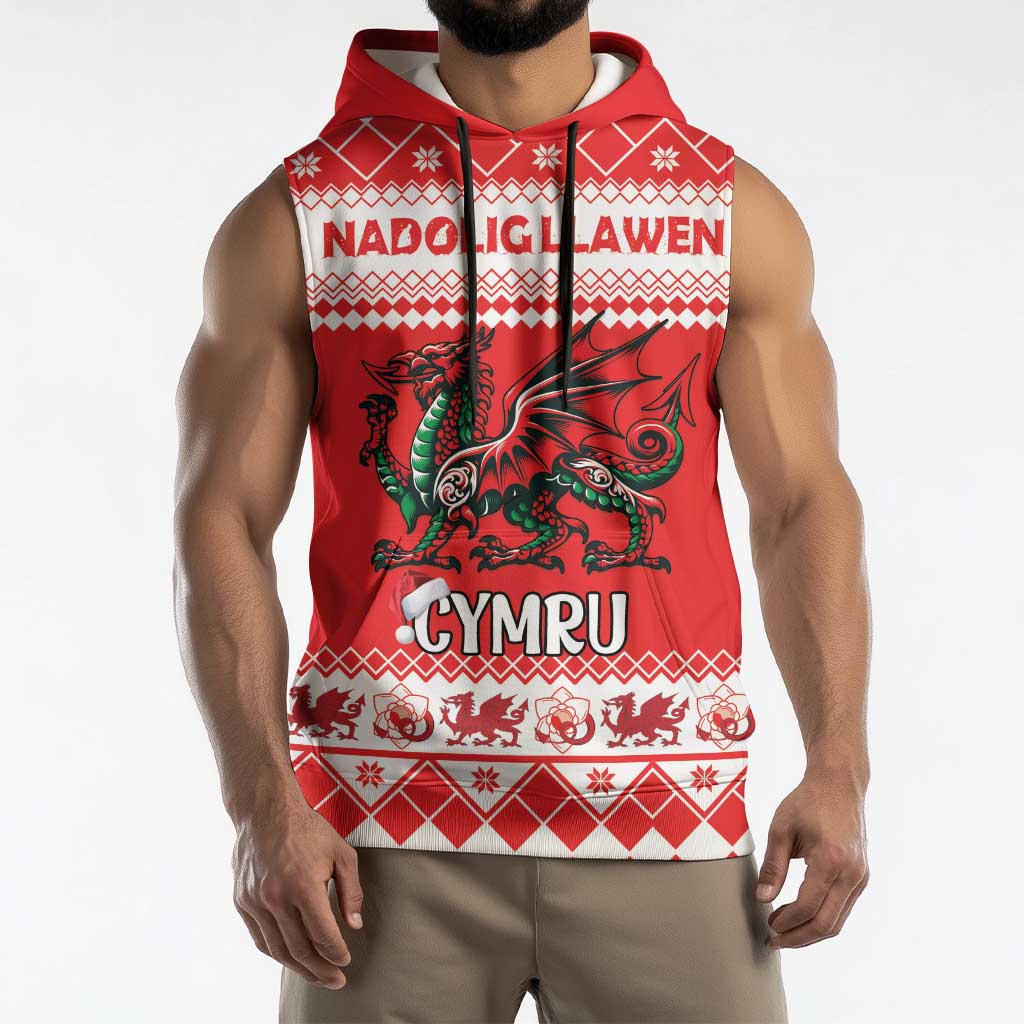 Personalized Wales Christmas Dragon Sleeveless Hoodie Nadolig Llawen Red Version - Wonder Print Shop