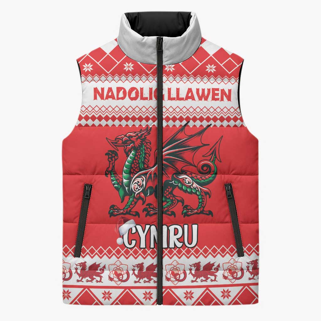 Personalized Wales Christmas Dragon Sleeveless Puffer Jacket Nadolig Llawen Red Version - Wonder Print Shop
