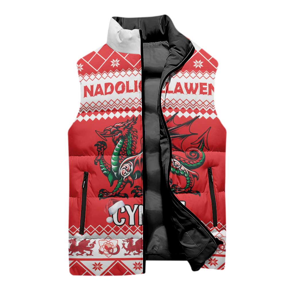 Personalized Wales Christmas Dragon Sleeveless Puffer Jacket Nadolig Llawen Red Version - Wonder Print Shop