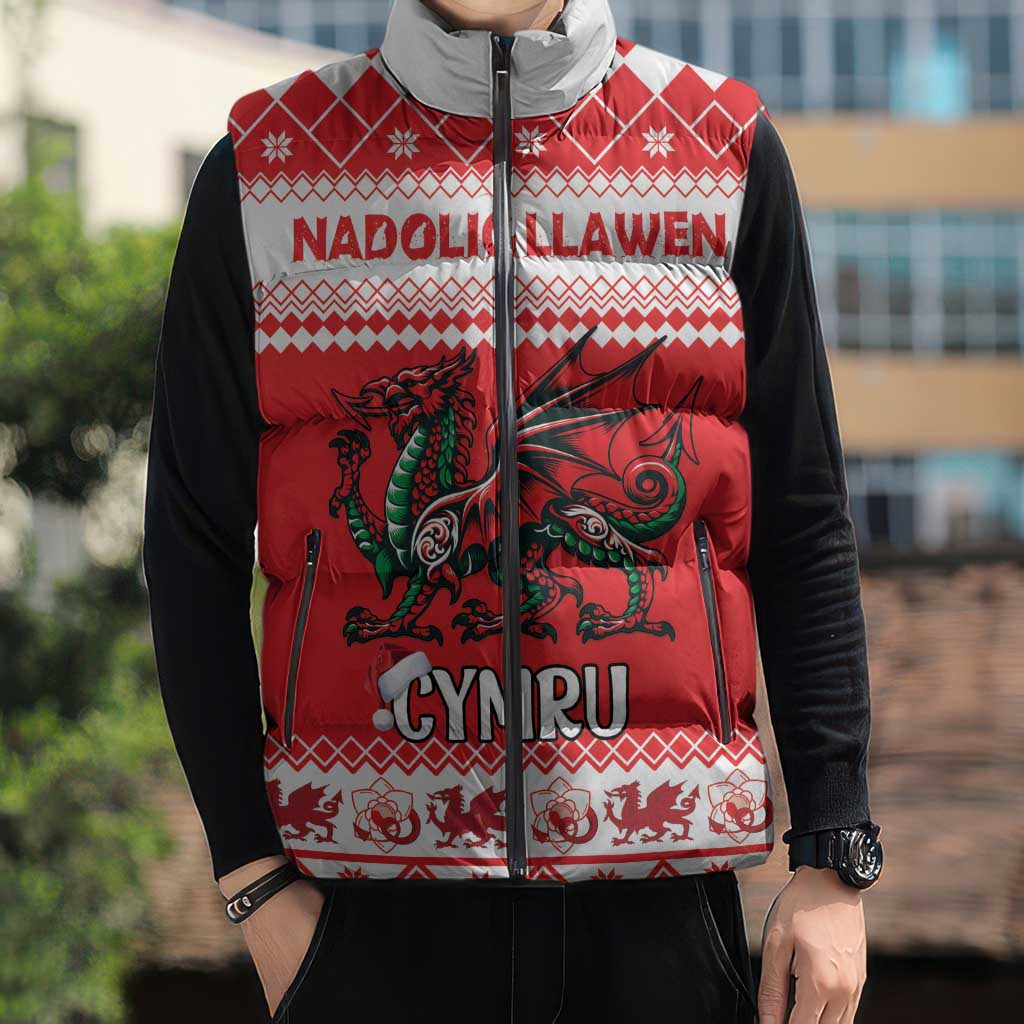 Personalized Wales Christmas Dragon Sleeveless Puffer Jacket Nadolig Llawen Red Version - Wonder Print Shop
