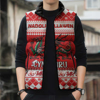 Personalized Wales Christmas Dragon Sleeveless Puffer Jacket Nadolig Llawen Red Version - Wonder Print Shop