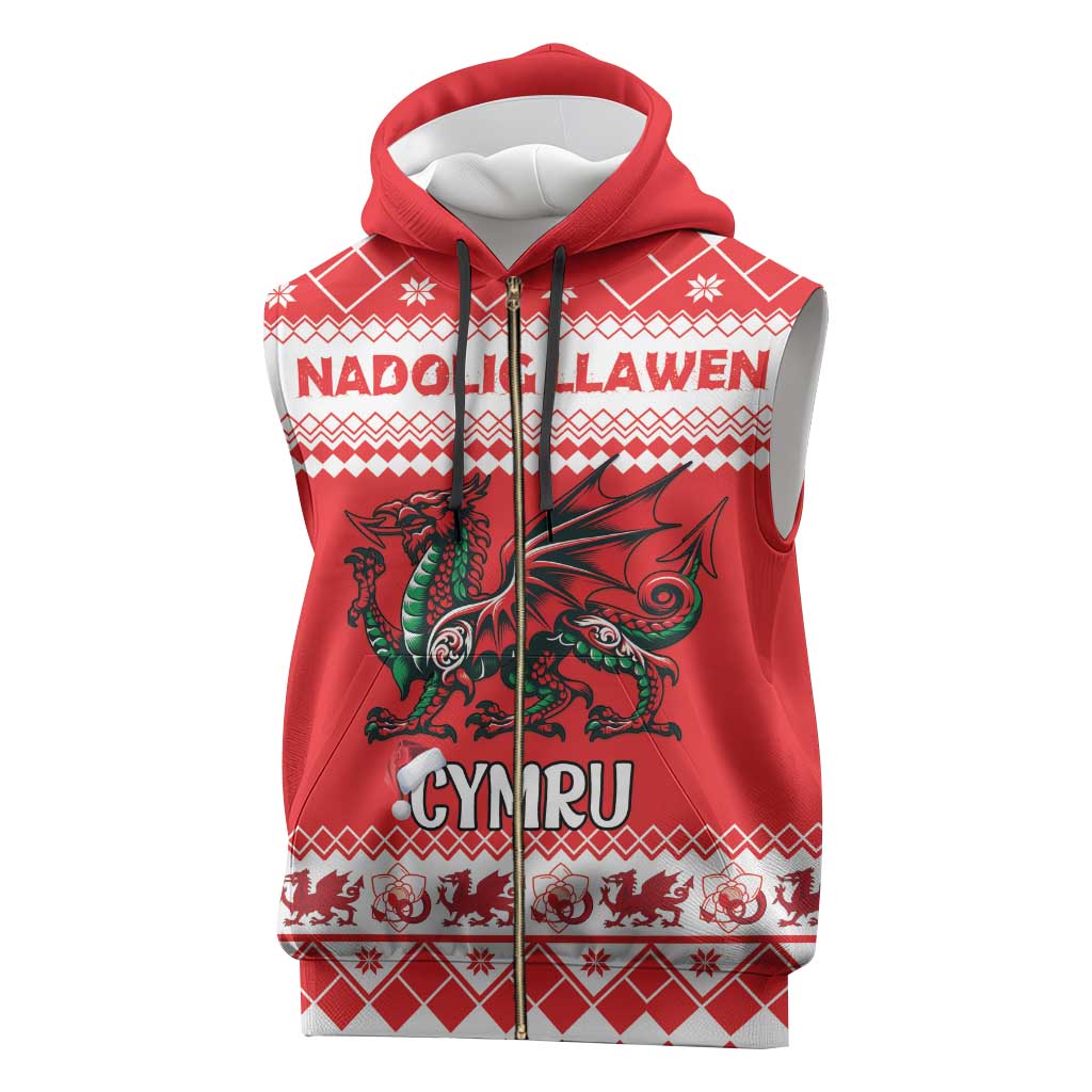 Personalized Wales Christmas Dragon Sleeveless Zip Hoodie Nadolig Llawen Red Version - Wonder Print Shop