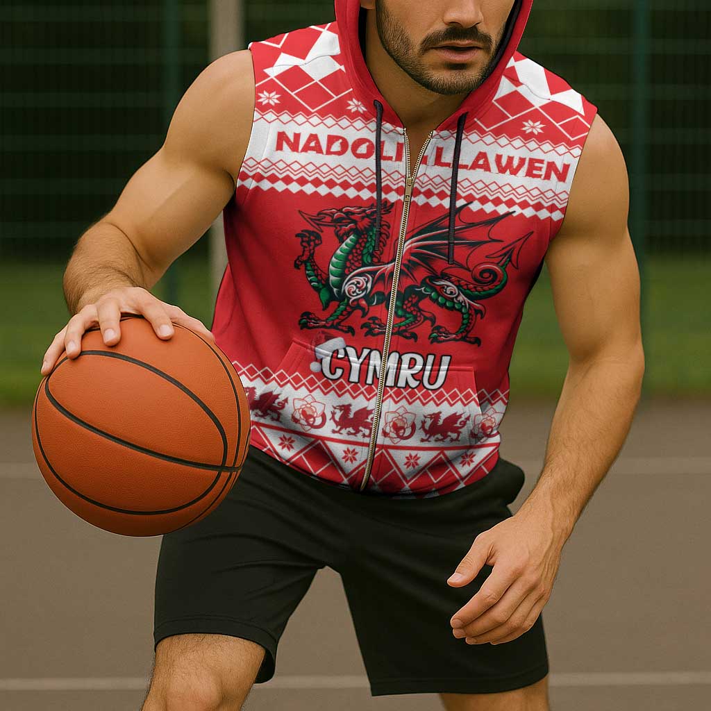 Personalized Wales Christmas Dragon Sleeveless Zip Hoodie Nadolig Llawen Red Version - Wonder Print Shop