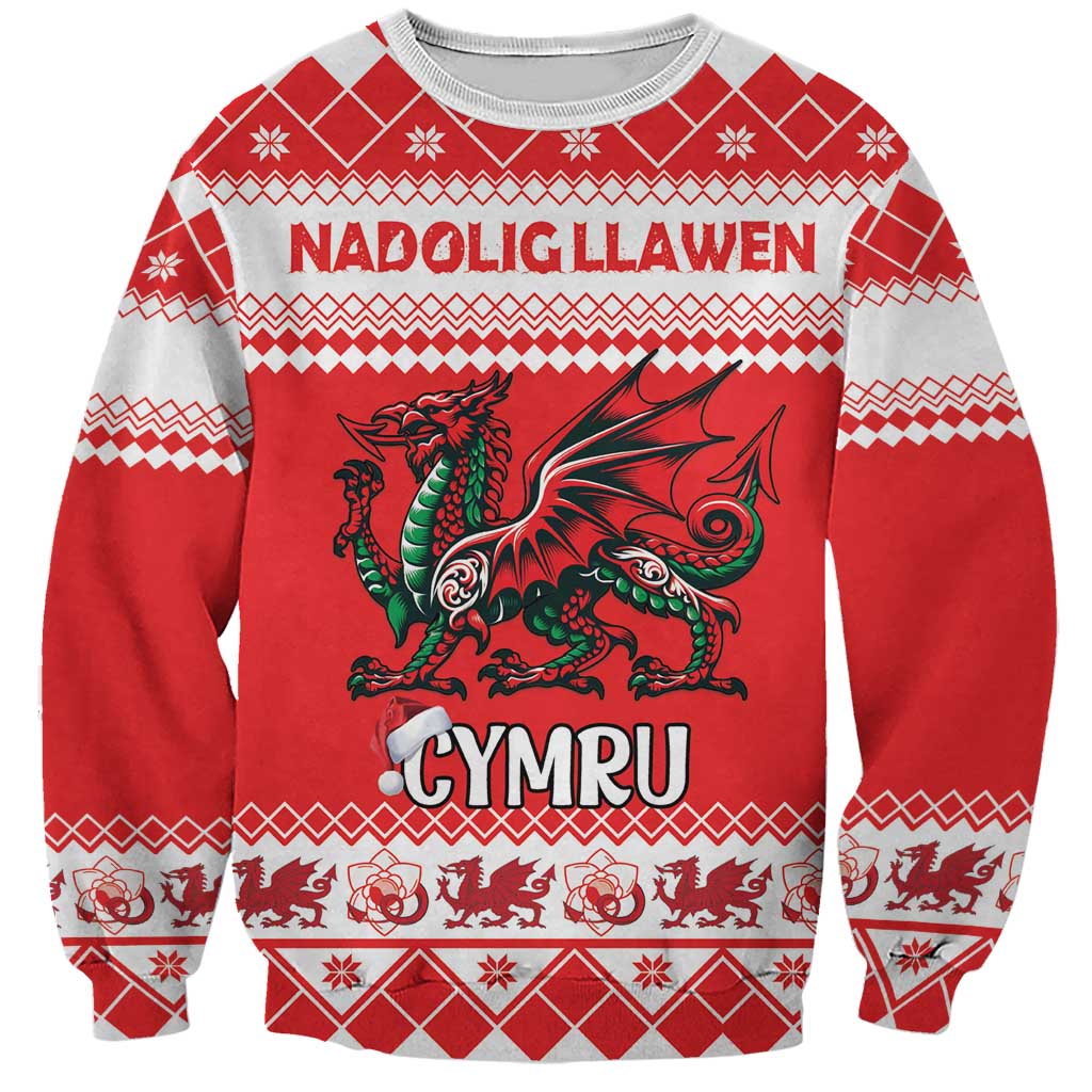 Personalized Wales Christmas Dragon Sweatshirt Nadolig Llawen Red Version - Wonder Print Shop