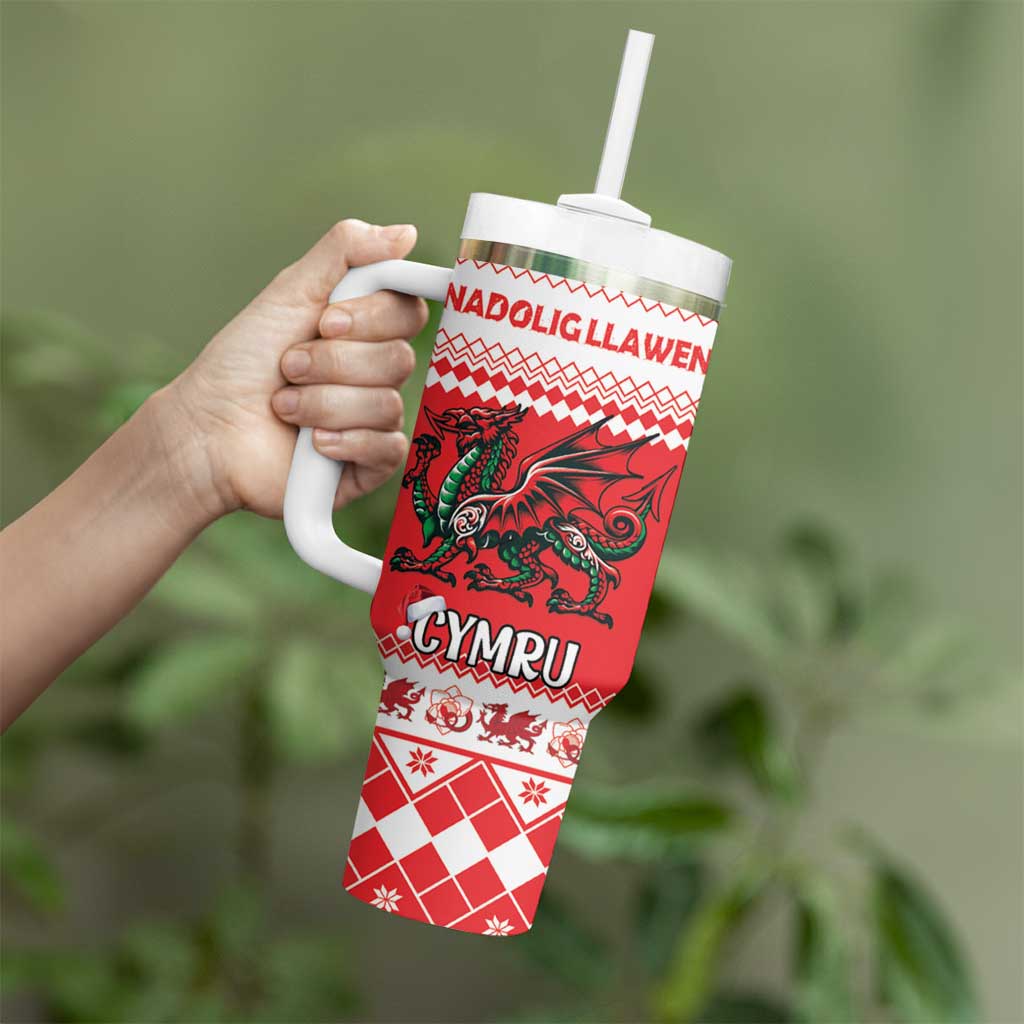 Personalized Wales Christmas Dragon Tumbler With Handle Nadolig Llawen Red Version - Wonder Print Shop