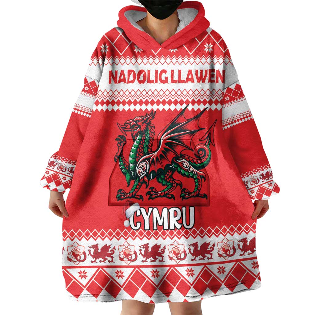 Personalized Wales Christmas Dragon Wearable Blanket Hoodie Nadolig Llawen Red Version - Wonder Print Shop