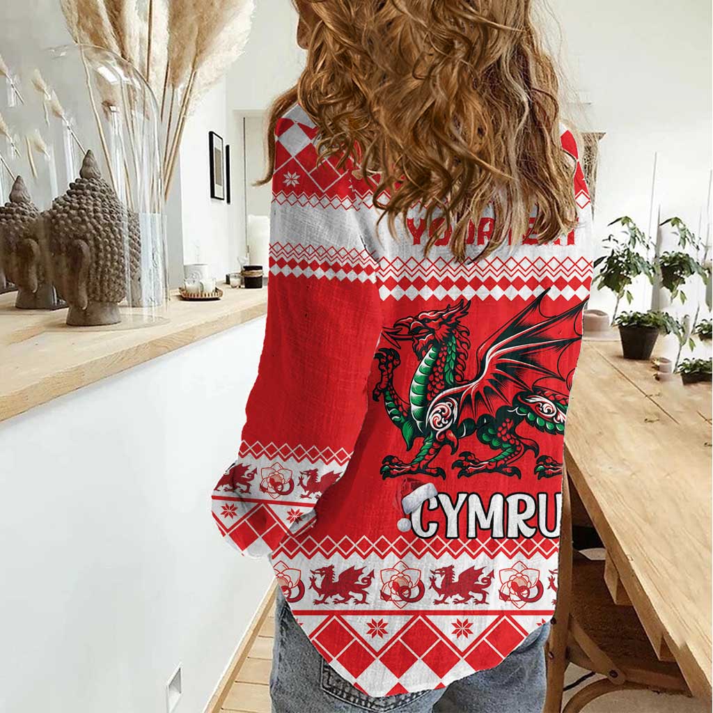 Personalized Wales Christmas Dragon Women Casual Shirt Nadolig Llawen Red Version - Wonder Print Shop
