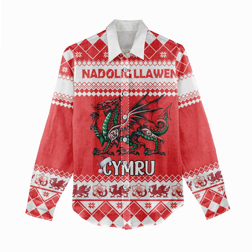 Personalized Wales Christmas Dragon Women Casual Shirt Nadolig Llawen Red Version - Wonder Print Shop
