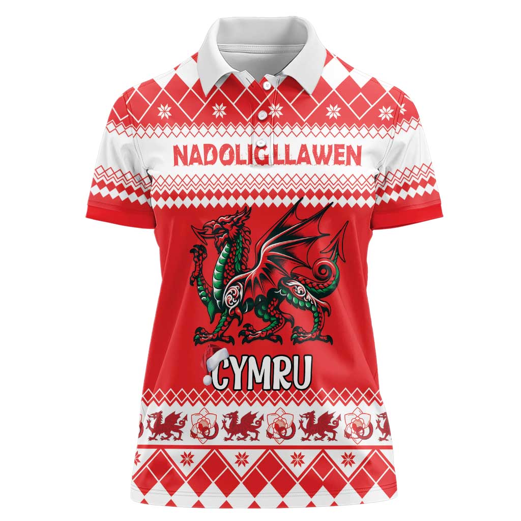 Personalized Wales Christmas Dragon Women Polo Shirt Nadolig Llawen Red Version - Wonder Print Shop