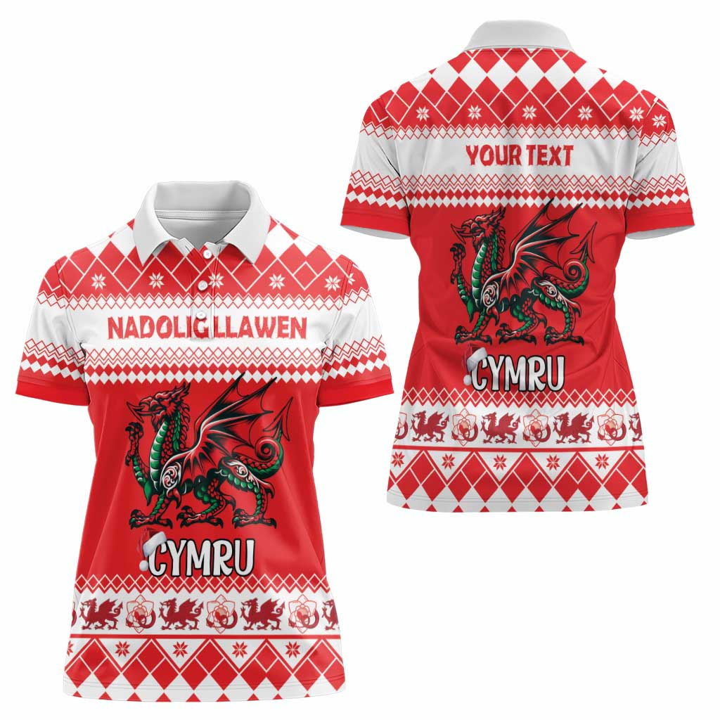 Personalized Wales Christmas Dragon Women Polo Shirt Nadolig Llawen Red Version - Wonder Print Shop