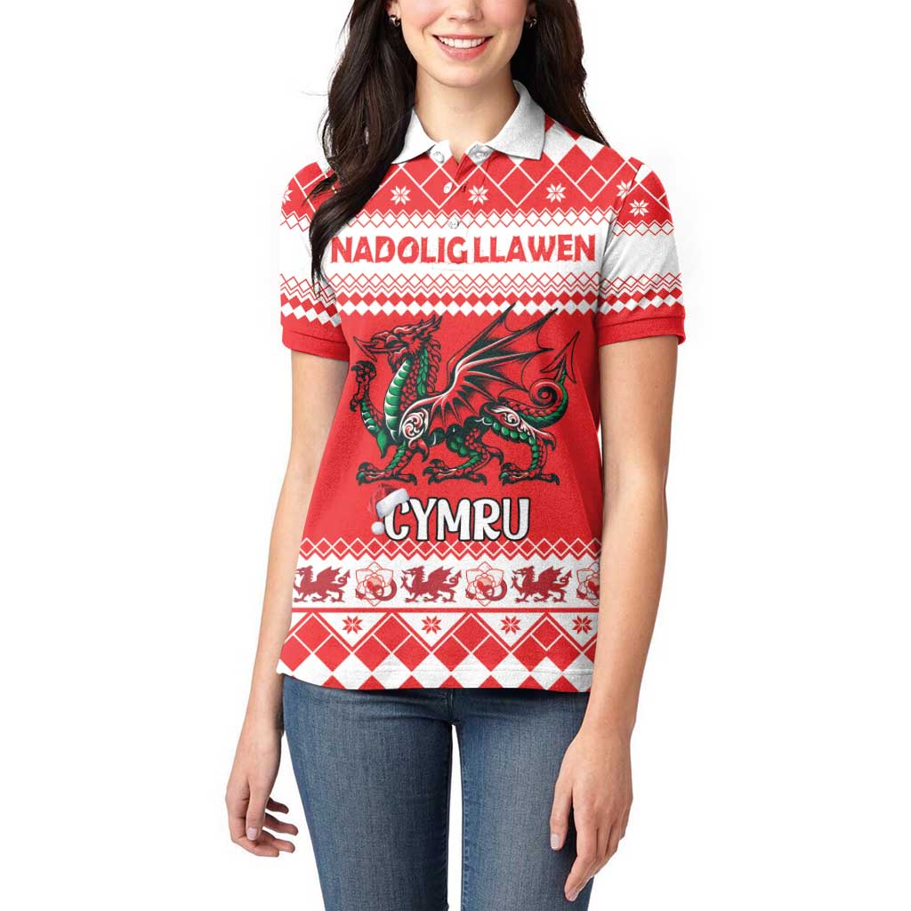 Personalized Wales Christmas Dragon Women Polo Shirt Nadolig Llawen Red Version - Wonder Print Shop