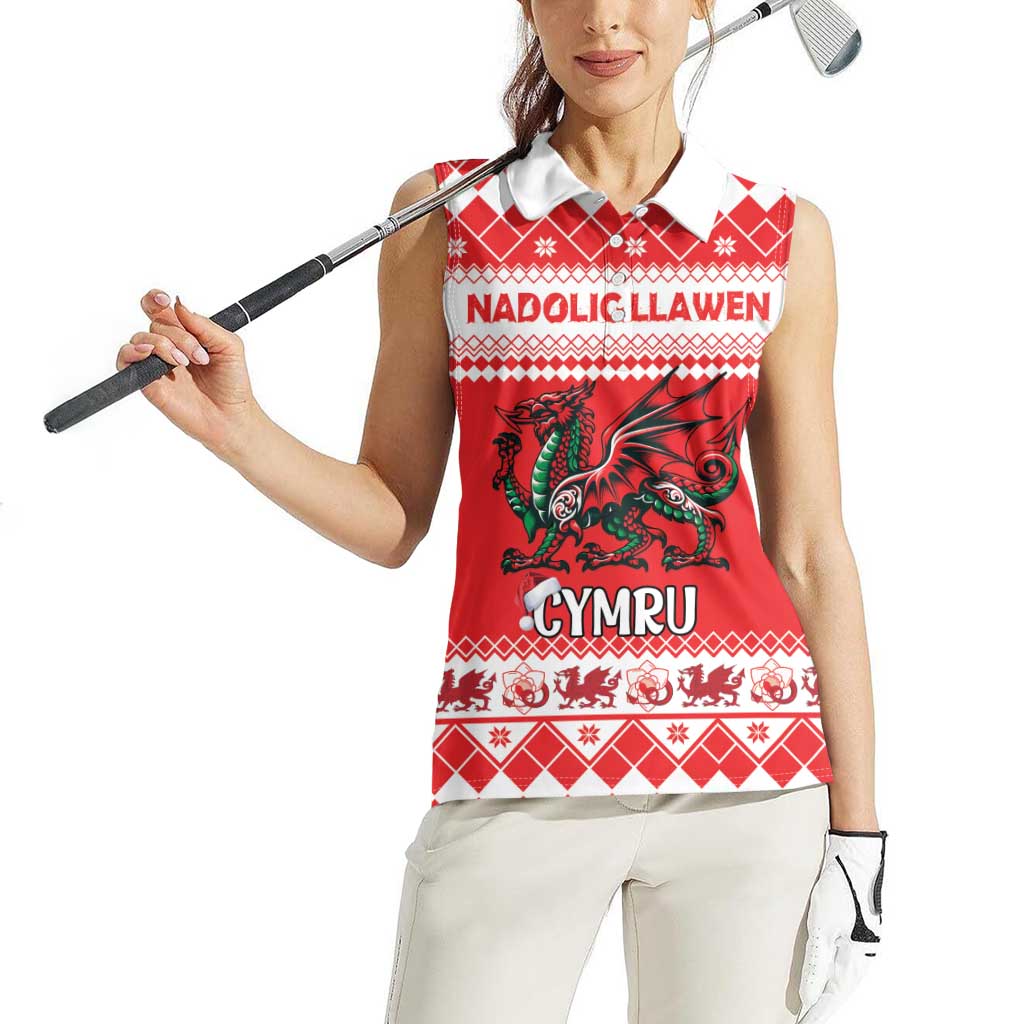 Personalized Wales Christmas Dragon Women Sleeveless Polo Shirt Nadolig Llawen Red Version - Wonder Print Shop