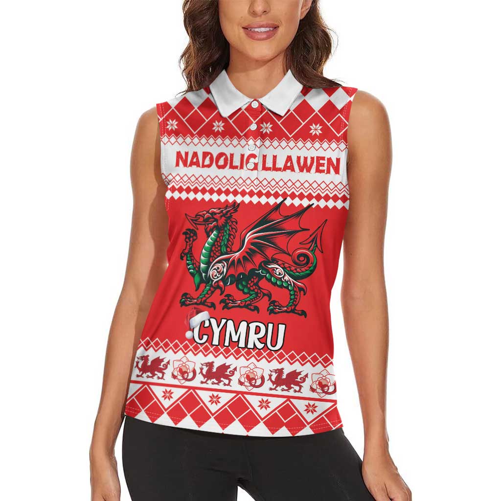 Personalized Wales Christmas Dragon Women Sleeveless Polo Shirt Nadolig Llawen Red Version - Wonder Print Shop
