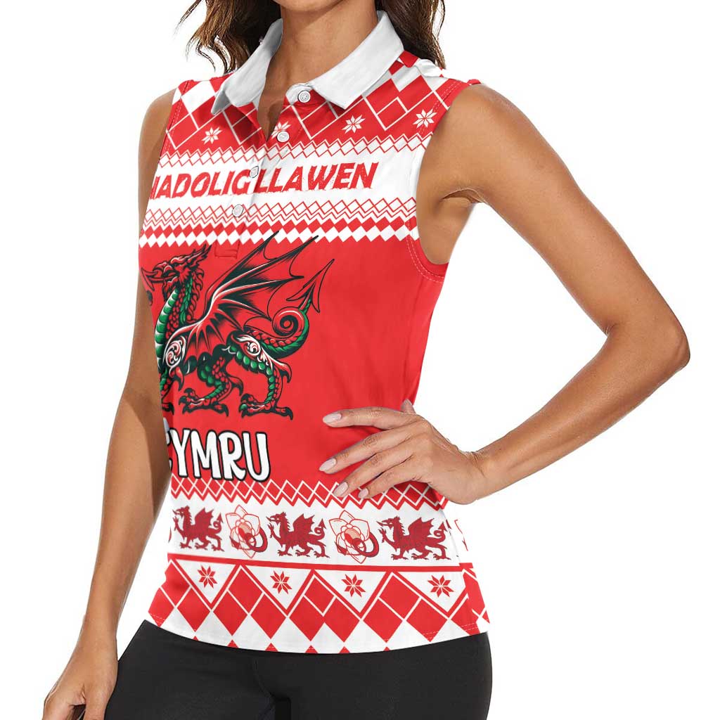 Personalized Wales Christmas Dragon Women Sleeveless Polo Shirt Nadolig Llawen Red Version - Wonder Print Shop