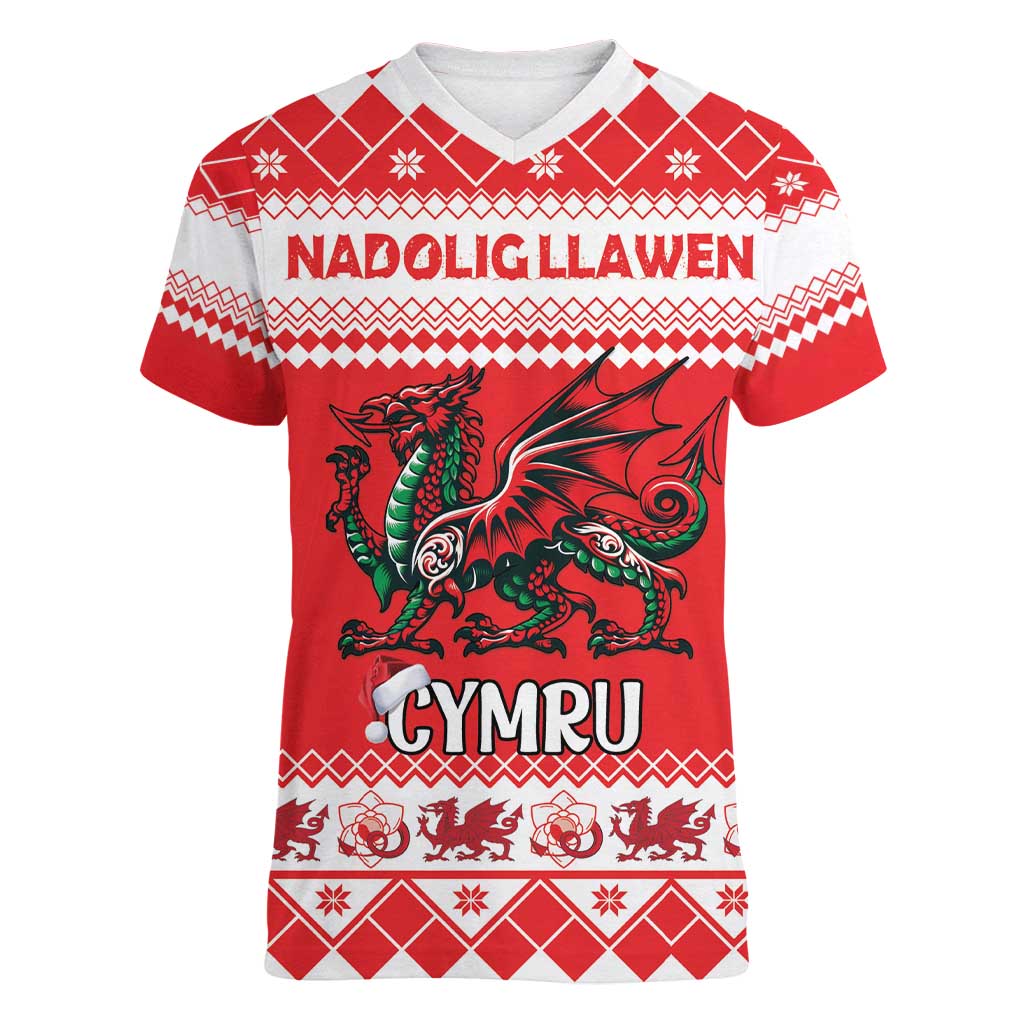 Personalized Wales Christmas Dragon Women V-Neck T-Shirt Nadolig Llawen Red Version - Wonder Print Shop